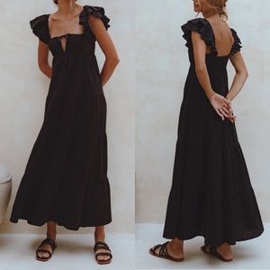 Bali Elf Nymph Bohemian Linen Maxi Dress Black Ruffle Western Vacay Womens S